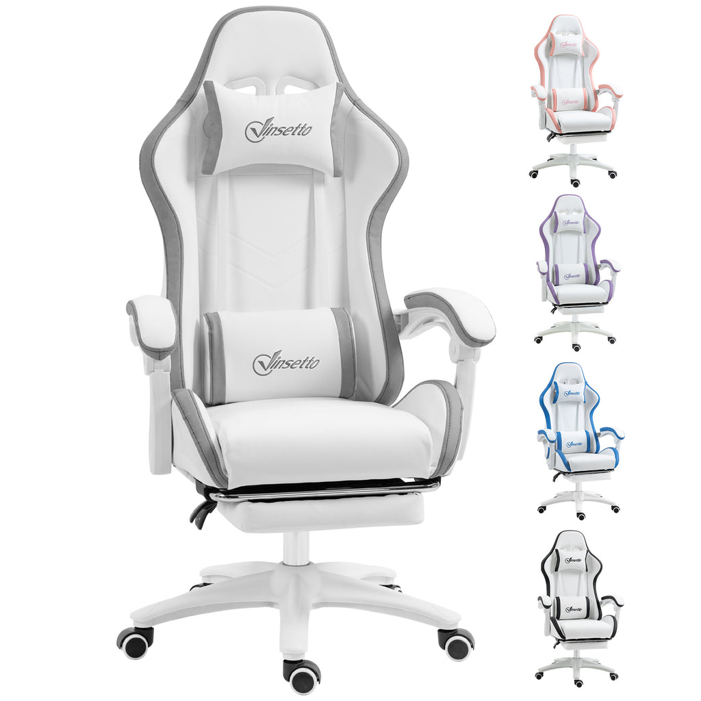 Vinsetto Computer Gaming Chair, PU Leather Desk Chair with Footrest, Swivel Task Chair with 135° Reclining Back and Lumbar Support, PC Chair for Adults, White and Grey