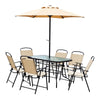 DodiOnline 8 Pieces Dining Set Furniture Garden Foldable 6 Chairs 1 Table with Parasol Beige