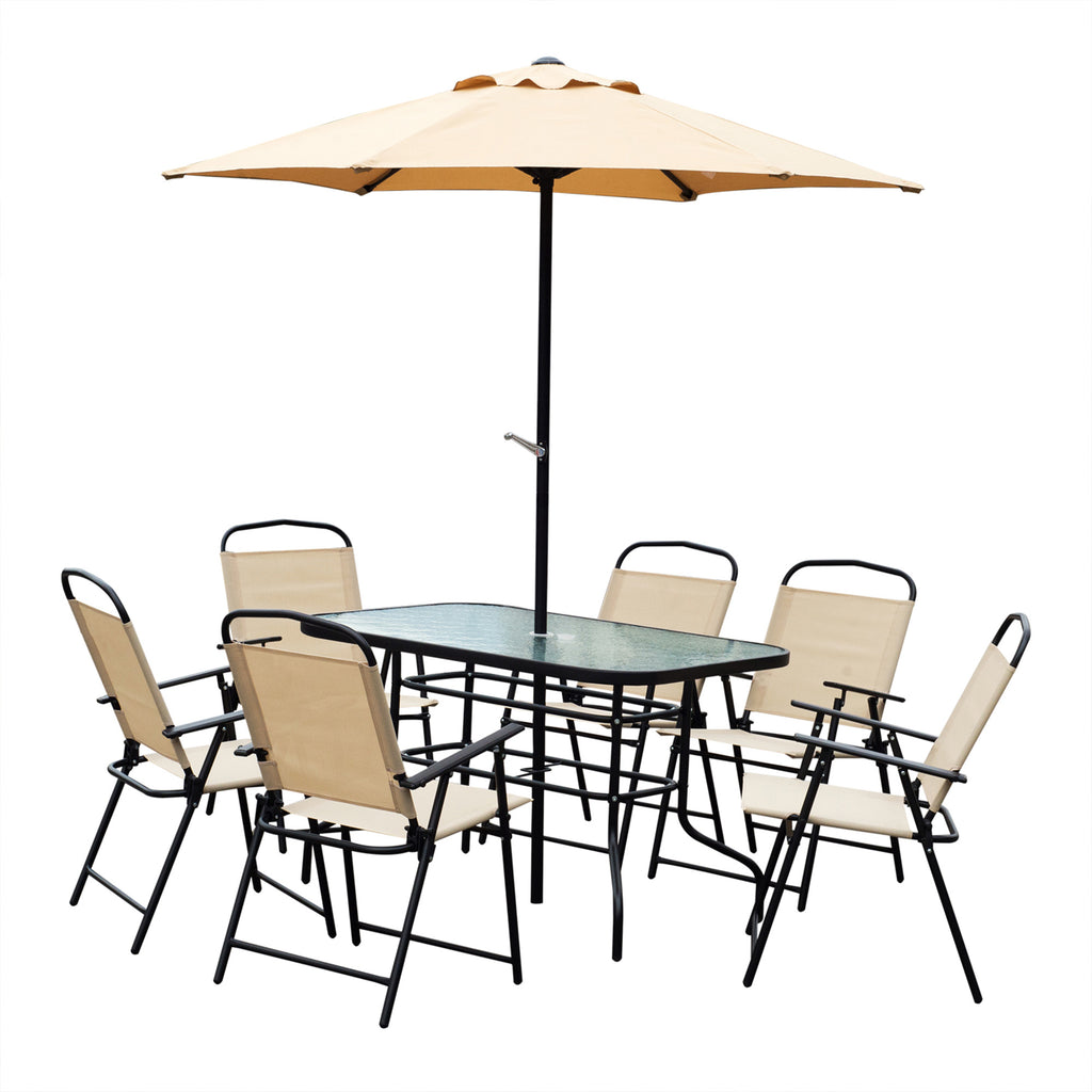 DodiOnline 8 Pieces Dining Set Furniture Garden Foldable 6 Chairs 1 Table with Parasol Beige