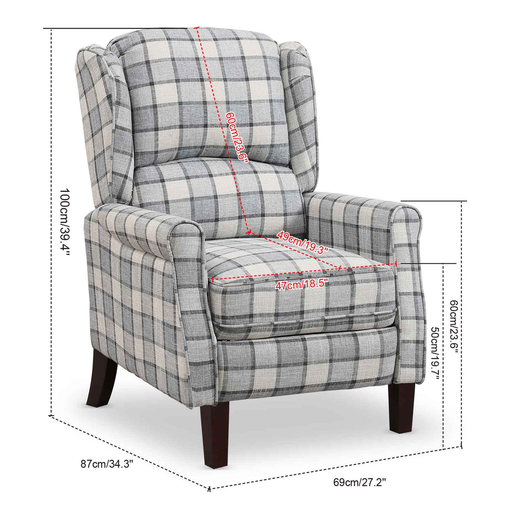 Tartan Reclining Chairs Wing Back, Recliner Armchairs Soft Upholstered w/Adjustable Backrest and Footrest, Retro Checked Leisure Single Sofa For Living Room Bedroom