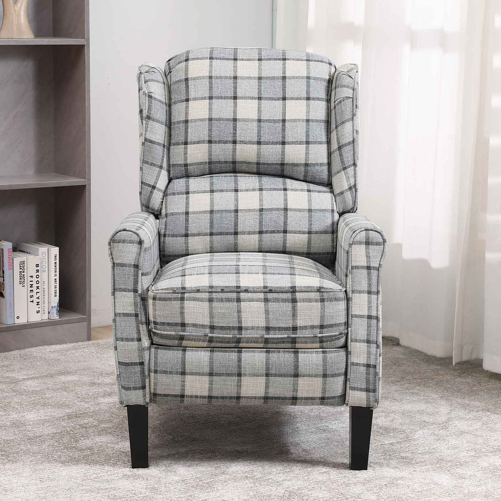 Tartan Reclining Chairs Wing Back, Recliner Armchairs Soft Upholstered w/Adjustable Backrest and Footrest, Retro Checked Leisure Single Sofa For Living Room Bedroom