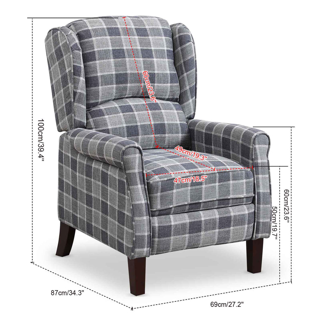 Tartan Reclining Chairs Wing Back, Recliner Armchairs Soft Upholstered w/Adjustable Backrest and Footrest, Retro Checked Leisure Single Sofa For Living Room Bedroom