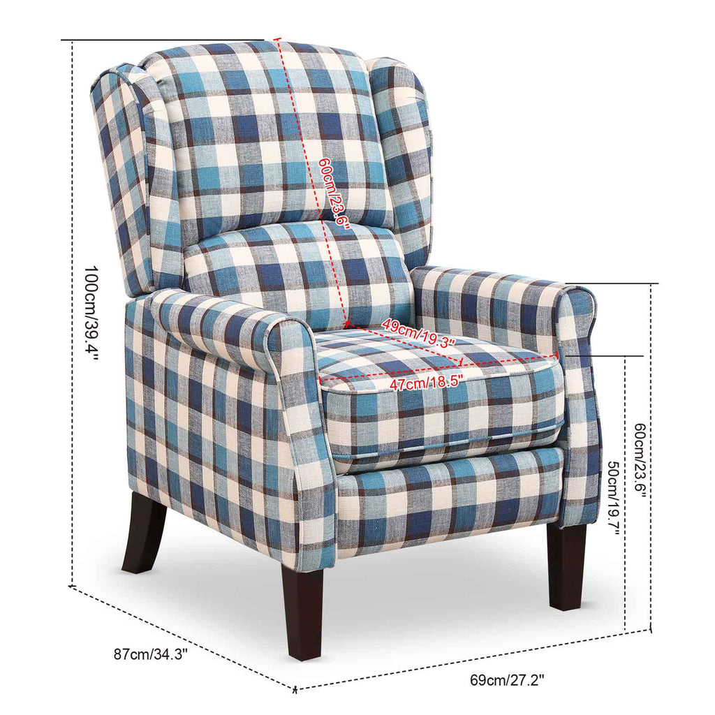 Tartan Reclining Chairs Wing Back, Recliner Armchairs Soft Upholstered w/Adjustable Backrest and Footrest, Retro Checked Leisure Single Sofa For Living Room Bedroom