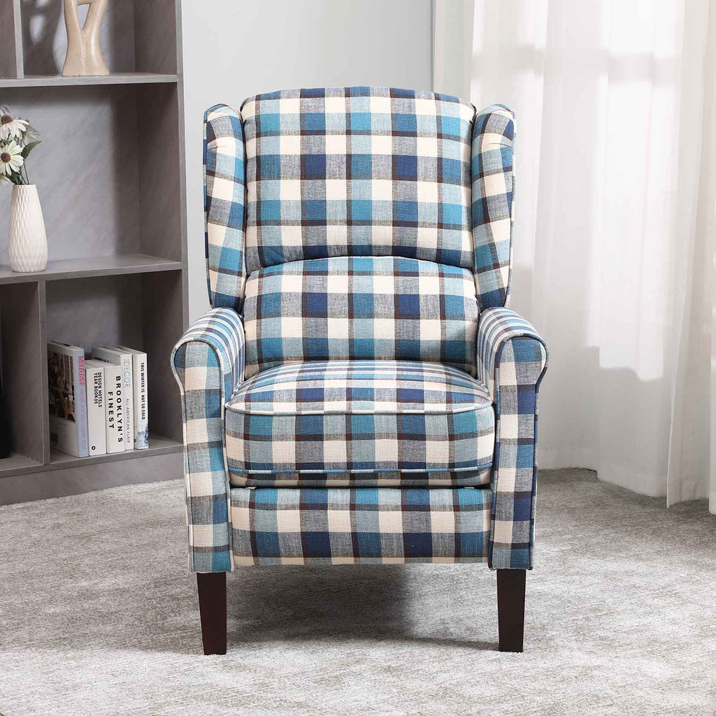 Tartan Reclining Chairs Wing Back, Recliner Armchairs Soft Upholstered w/Adjustable Backrest and Footrest, Retro Checked Leisure Single Sofa For Living Room Bedroom