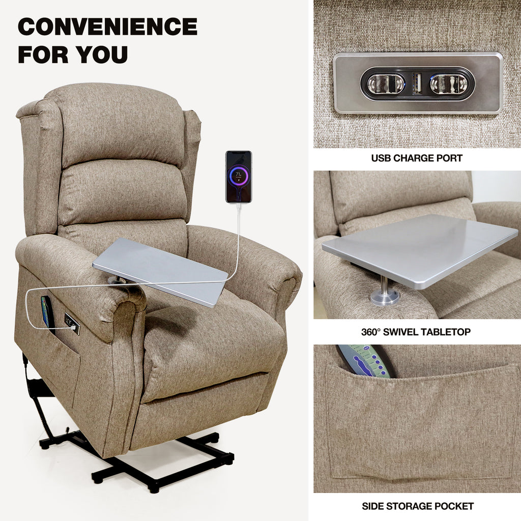 Dual Motor Riser Recliner Lift Chair, Lift & Tilt Massage Chair in Soft Brown With Reading Table and Lumbar Support + USB Charging, Armchair with Heat for the Elderly