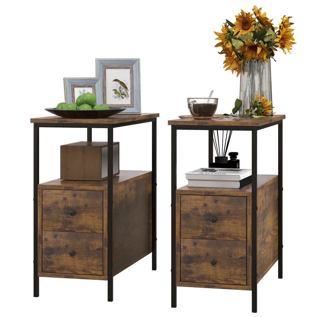 DodiOnline Set of 2 Side Table, Narrow Bedside Table with 2 Drawers and Storage Shelf, Industrial End Table with Metal Frame for Small Spaces, Rustic Brown