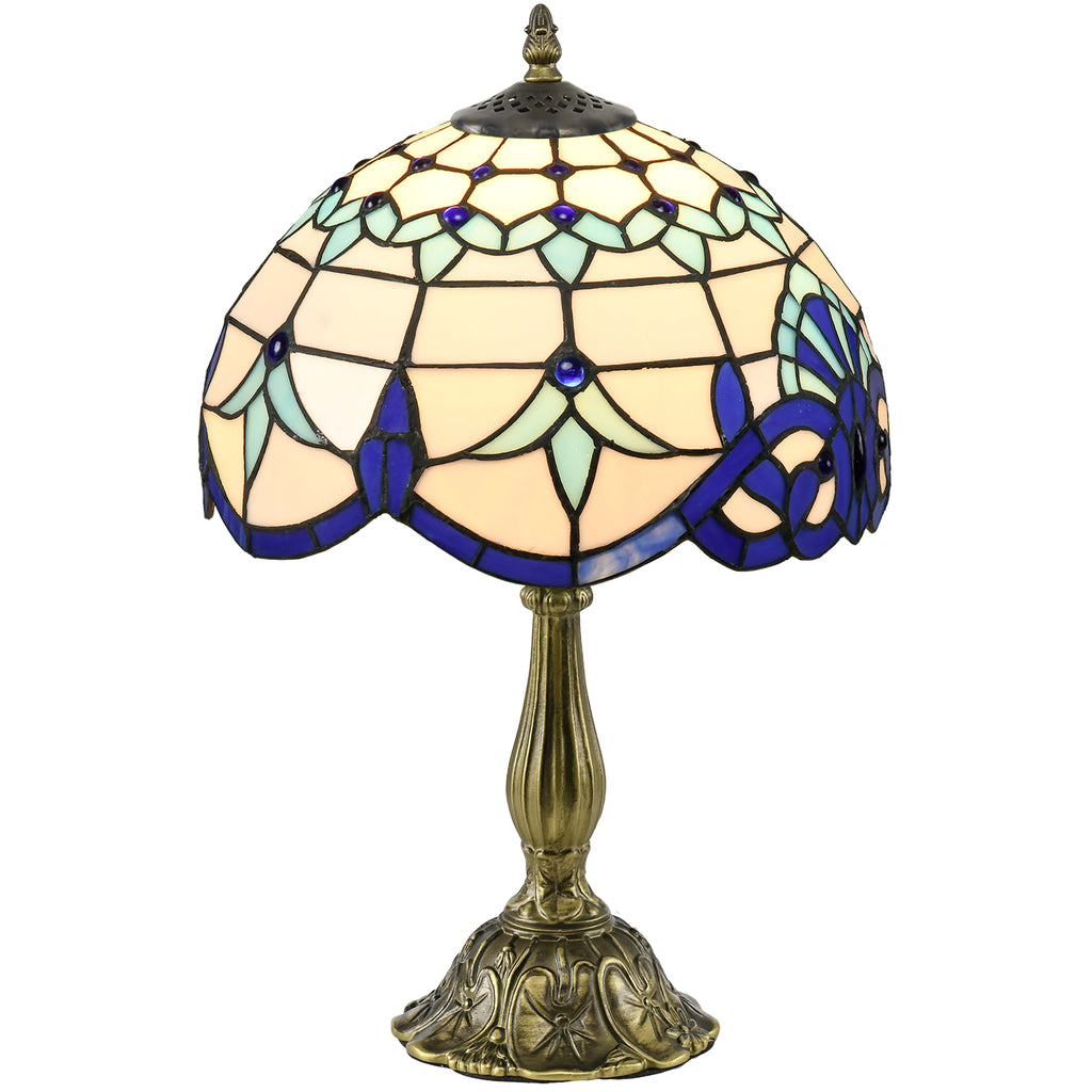 DodiOnline Stained Glass Table Lamp, Handmade Antique Bedside Lamp for Bedroom, Living room, Home, Nightstand, Decorative Night Light, Blue