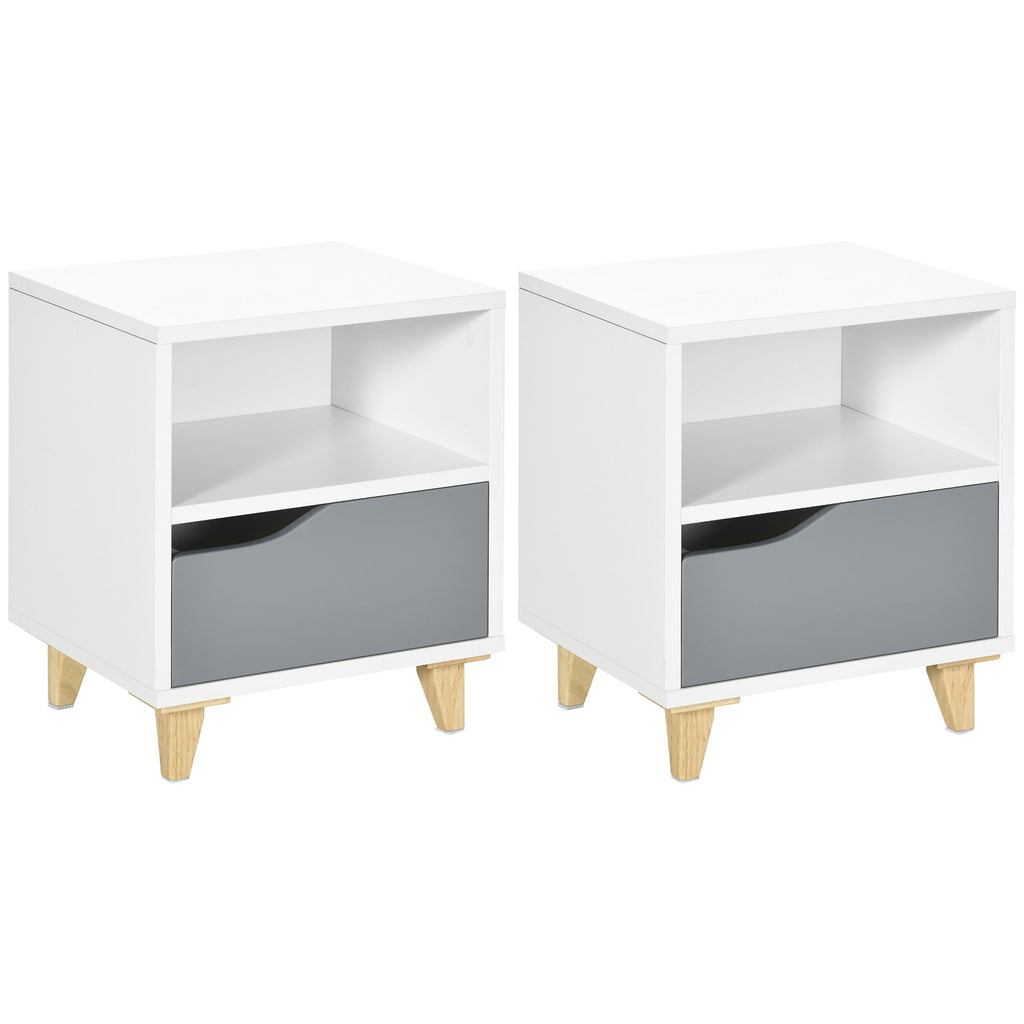 DodiOnline Modern Bedside Table, Side End Table with Shelf, Drawer and Wood Legs, 36.8cmx33cmx43.8cm, White and Grey