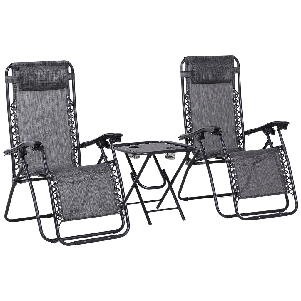 DodiOnline 3pcs Folding Zero Gravity Chairs Sun Lounger Table Set w/ Cup Holders Reclining Garden Yard Pool, Light Grey