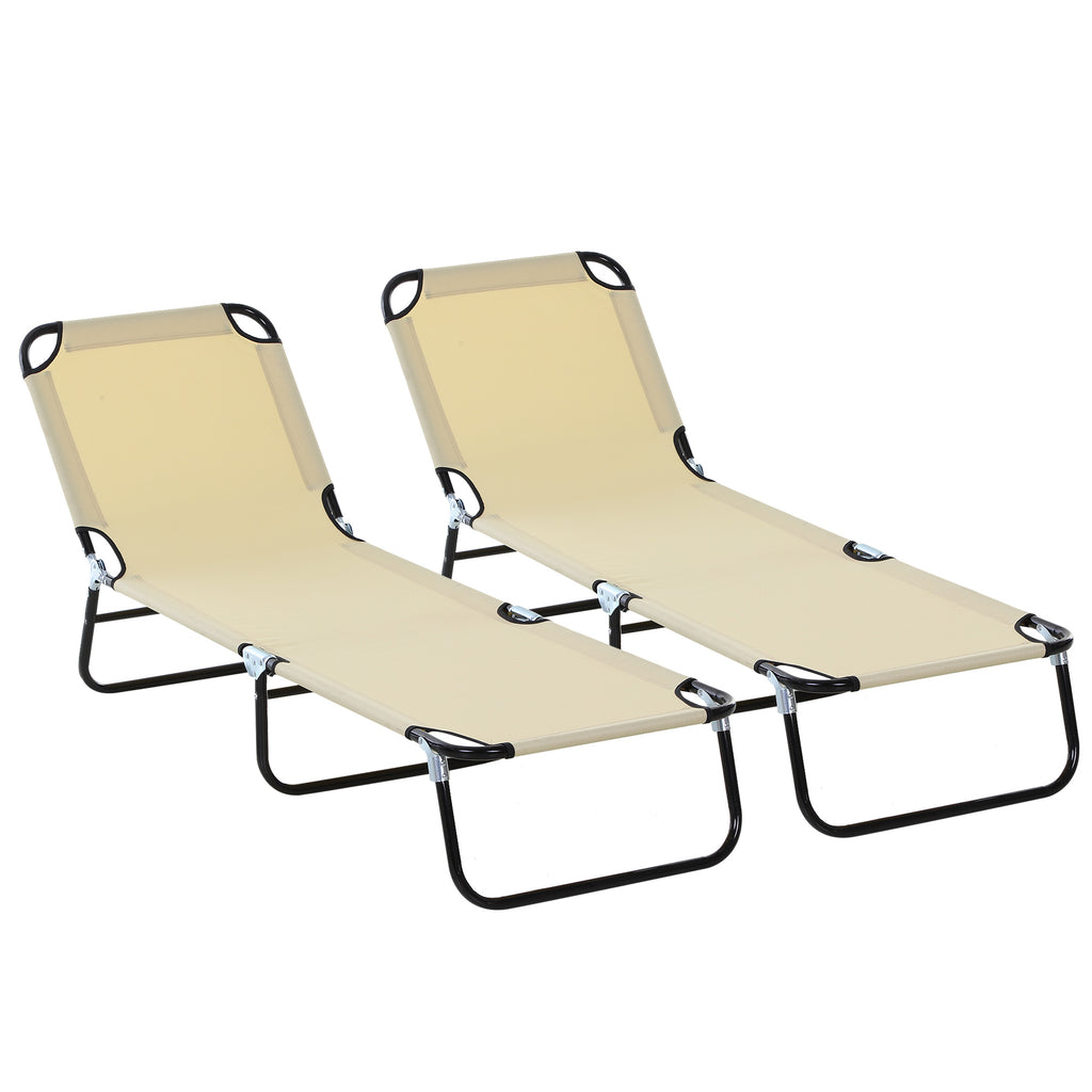 DodiOnline 2 Piece Foldable Sun Loungers with 5-Position Adjustable Backrest, Outdoor Portable Recliner Chaise Lounge Chairs with Breathable Mesh Fabric, Beige