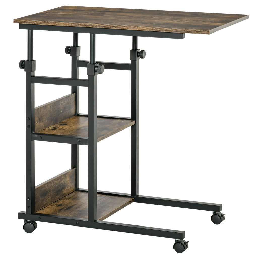 DodiOnline C-Shaped Side Table Industrial Mobile Rolling End Desk with 3-Tier Storage Shelving, Adjustable Height, Wheels