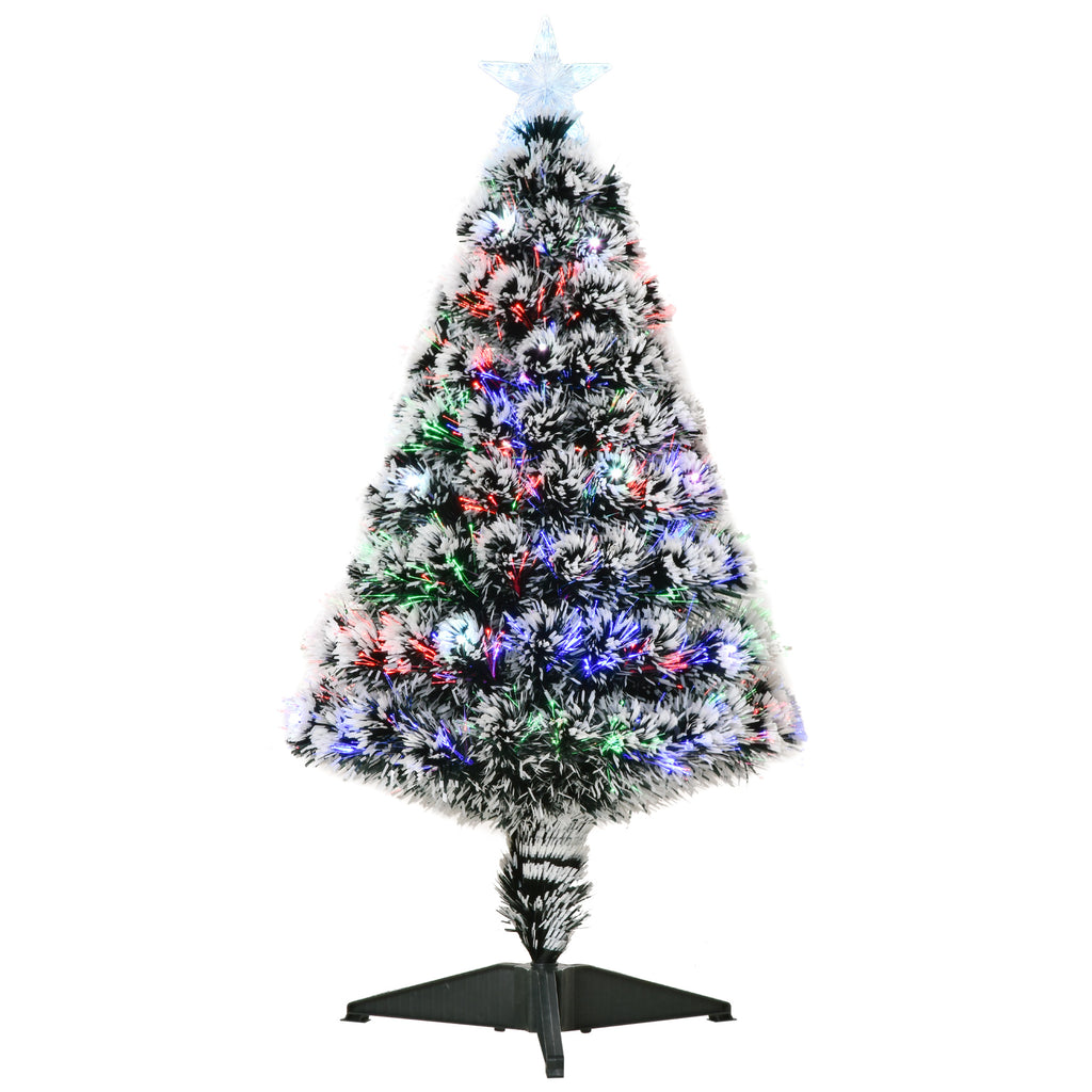 DodiOnline 3ft Artificial Prelit Christmas Tree, Snow Xmas Tree with Colourful LED Lighting Fiber Optics, Green White