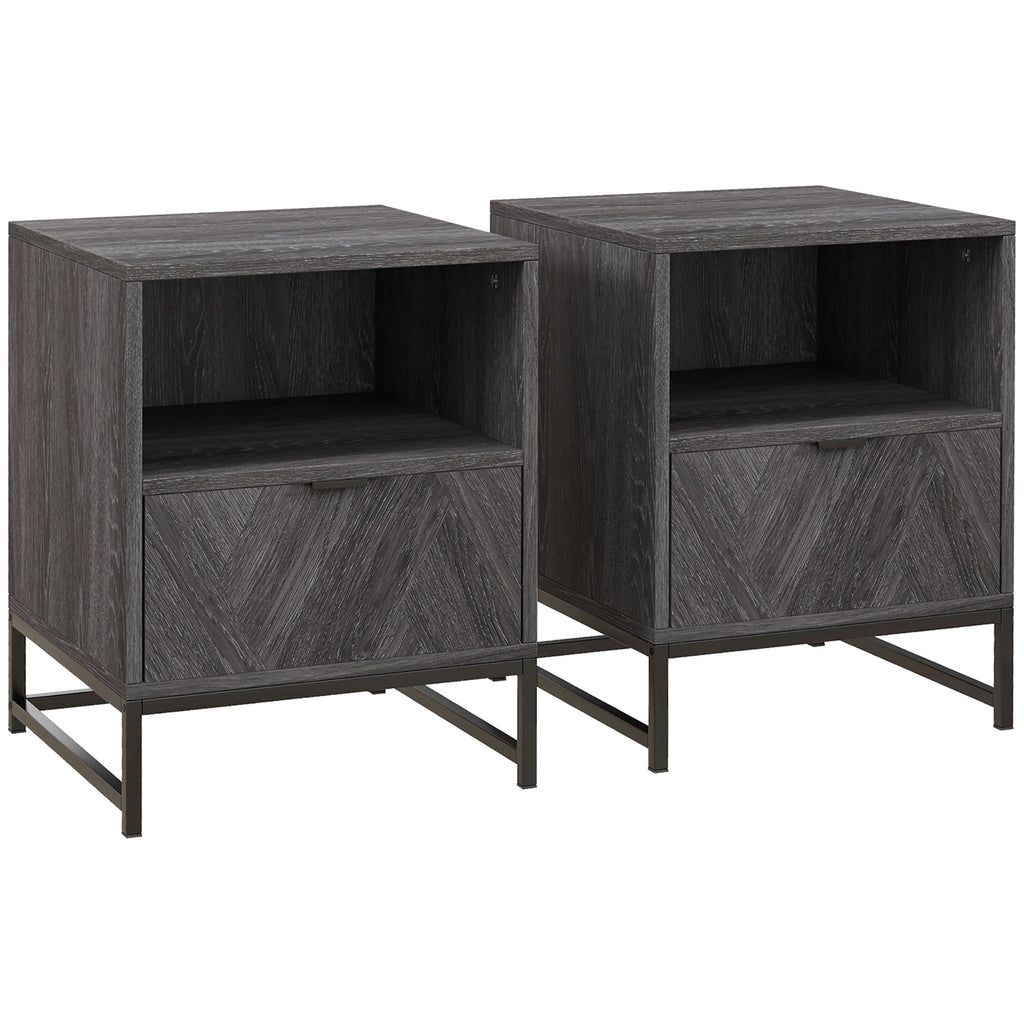 DodiOnline Bedside Table with Drawer and Shelf, Side End Table with Steel Legs for Living Room, Bedroom, Set of 2, Dark Grey