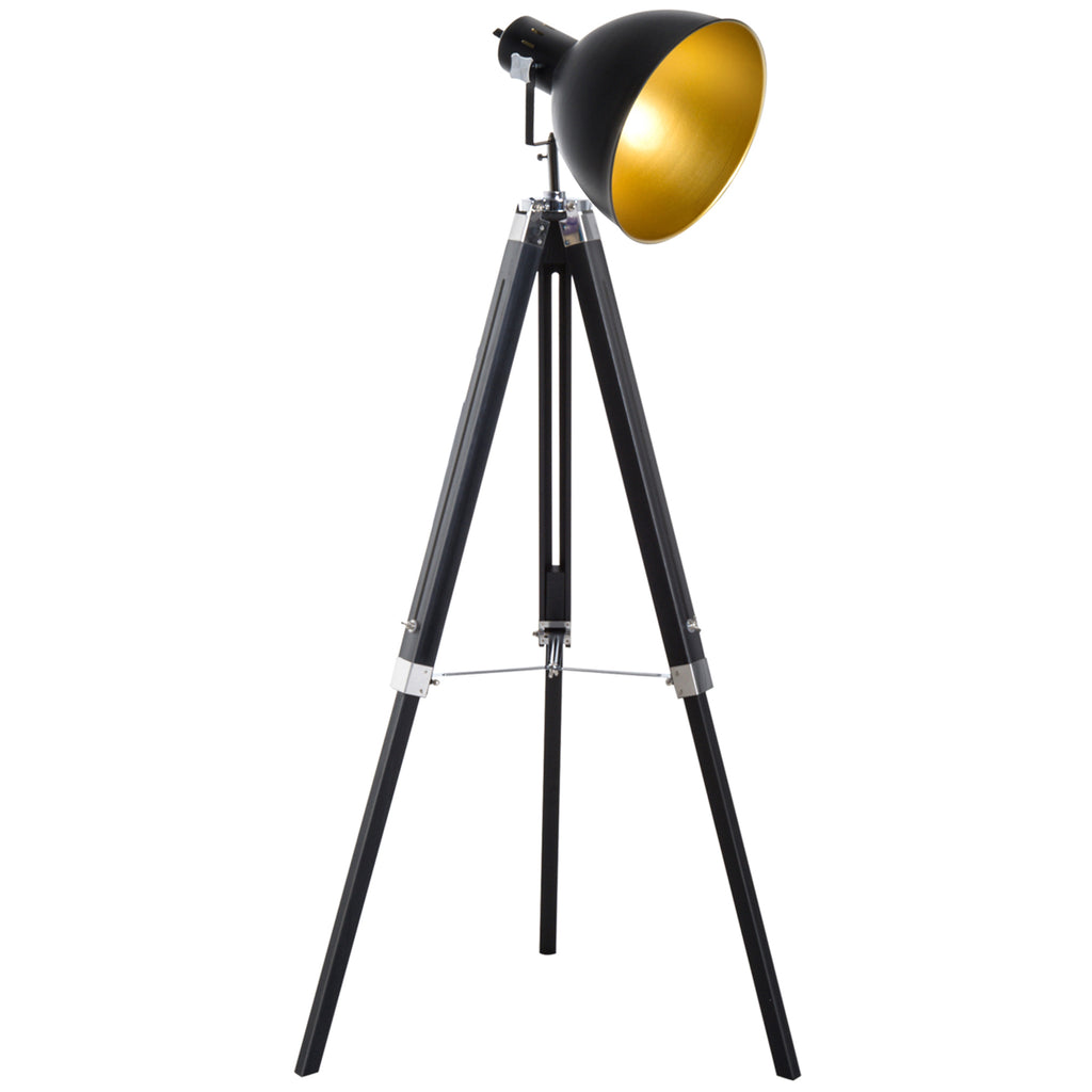 DodiOnline Tripod Floor Lamp, Spotlight Reading Lamp w/ Adjustable Height, Angle, Wood Legs for Living Room, Bedroom, Home, Office, Black and Gold