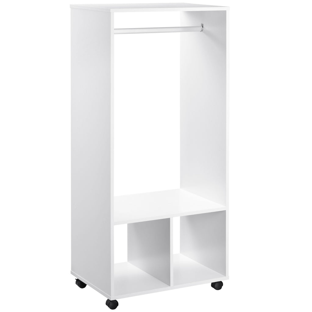 DodiOnline Open Wardrobe for Bedroom, Small Wardrobe on Wheels with Clothes Rail, Storage Shelves, Mobile Garment Rack for Clothes Storage, Cloakroom, Hallway, White