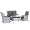 DodiOnline Garden PE Rattan Dining Sofa Set, Outdoor 4 Seater Wicker Furniture, High Back Chairs with Cushions, Tempered Glass Coffee Table for Patio, Mixed Grey