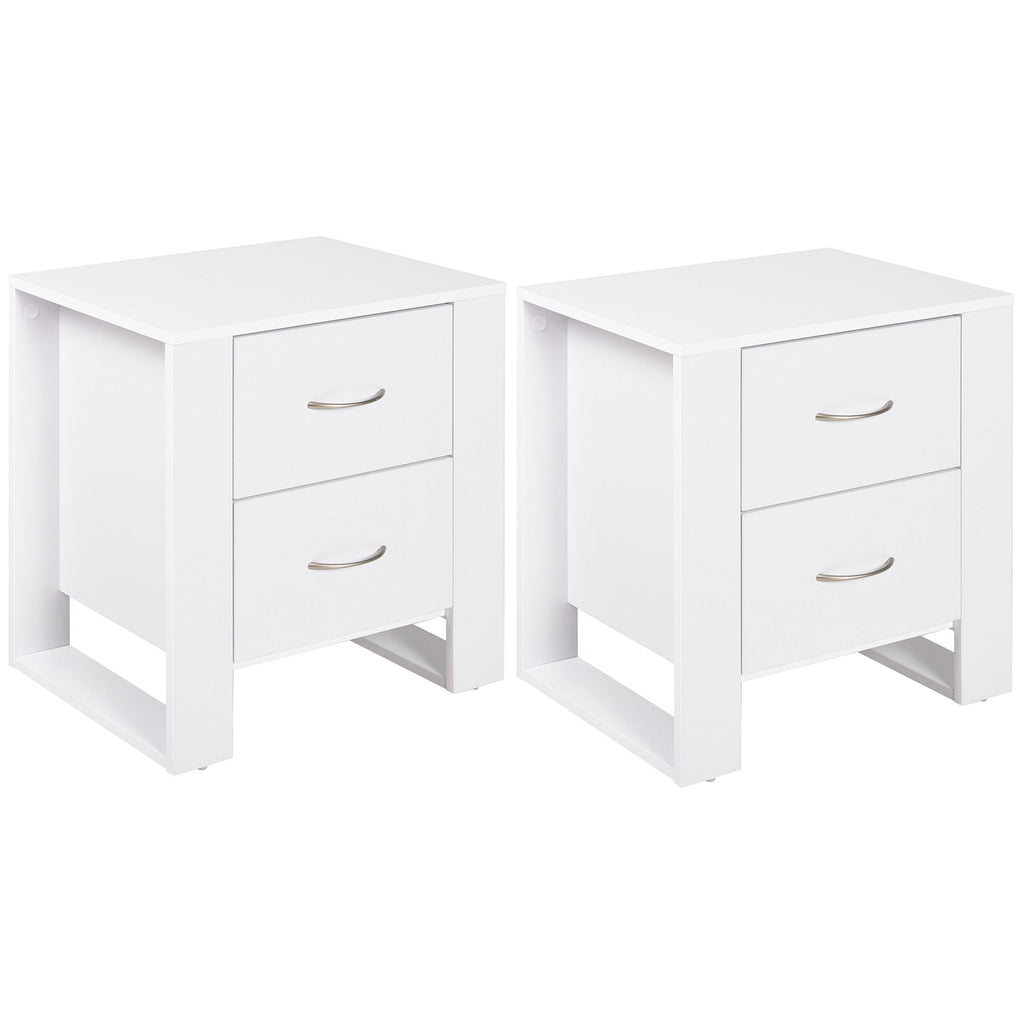 DodiOnline Bedside Table with 2 Drawers, Nightstand with Handles and Elevated Base, Side Table for Bedroom, Living Room, Set of 2, White