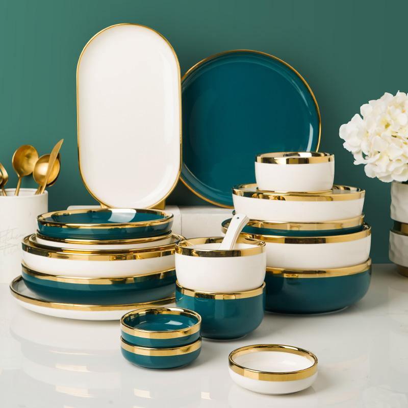 9 Piece Dinner Set, Green And Gold | DodiTec WC1