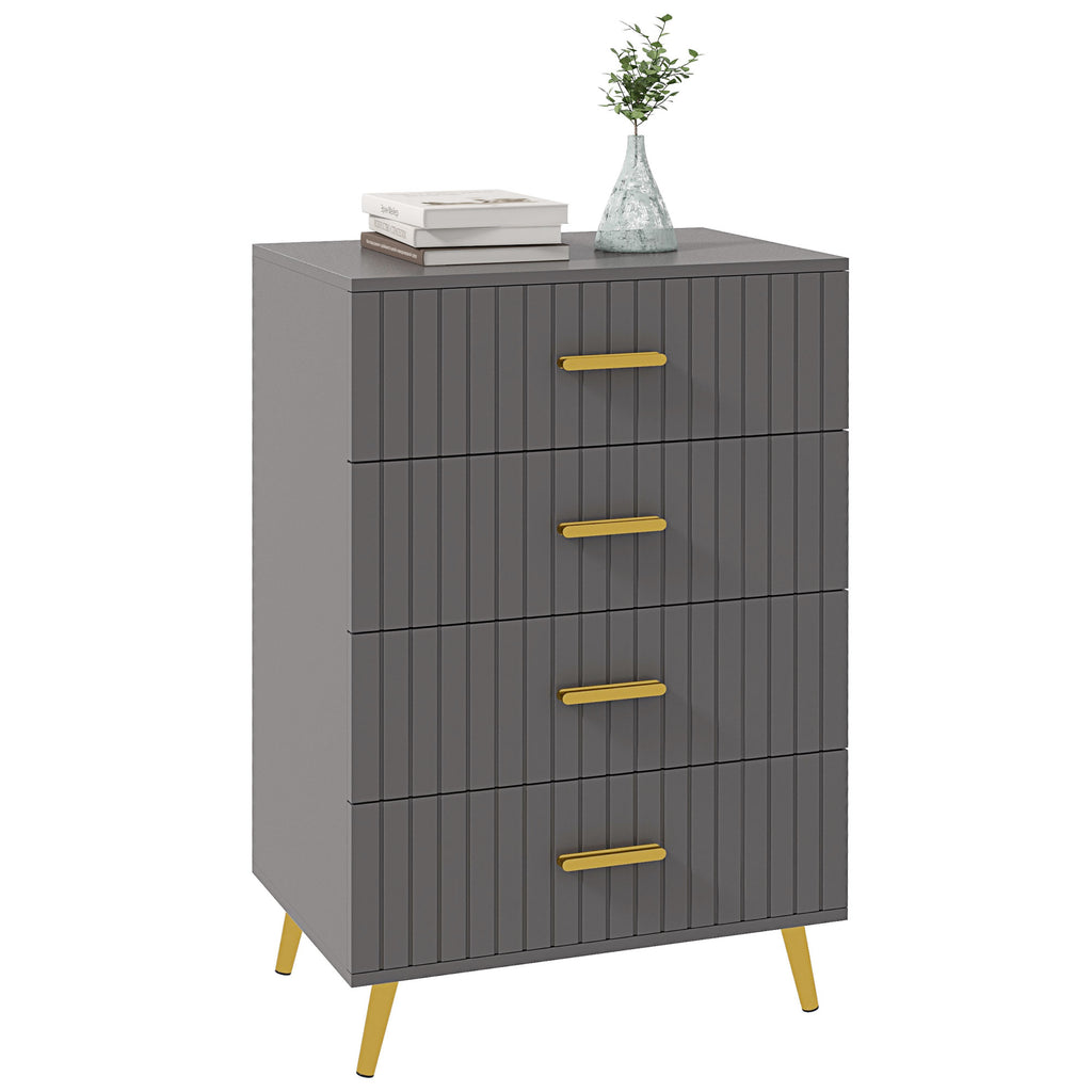 DodiOnline Four Drawer Embossed Line Dresser - Grey/Gold Tone