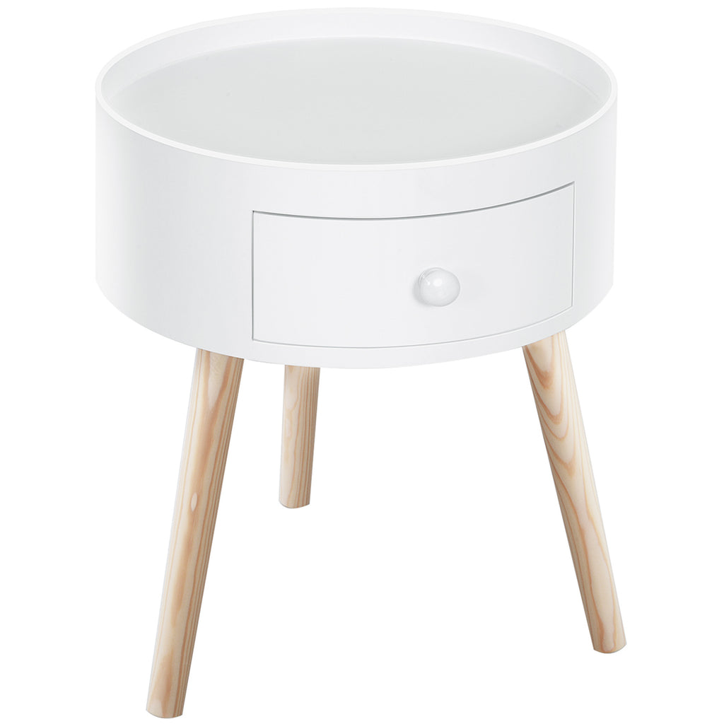 DodiOnline Modern Side Table, Small Coffee Table, Round Bedside Table with Drawer and Wood Legs for Living Room, Bedroom, White