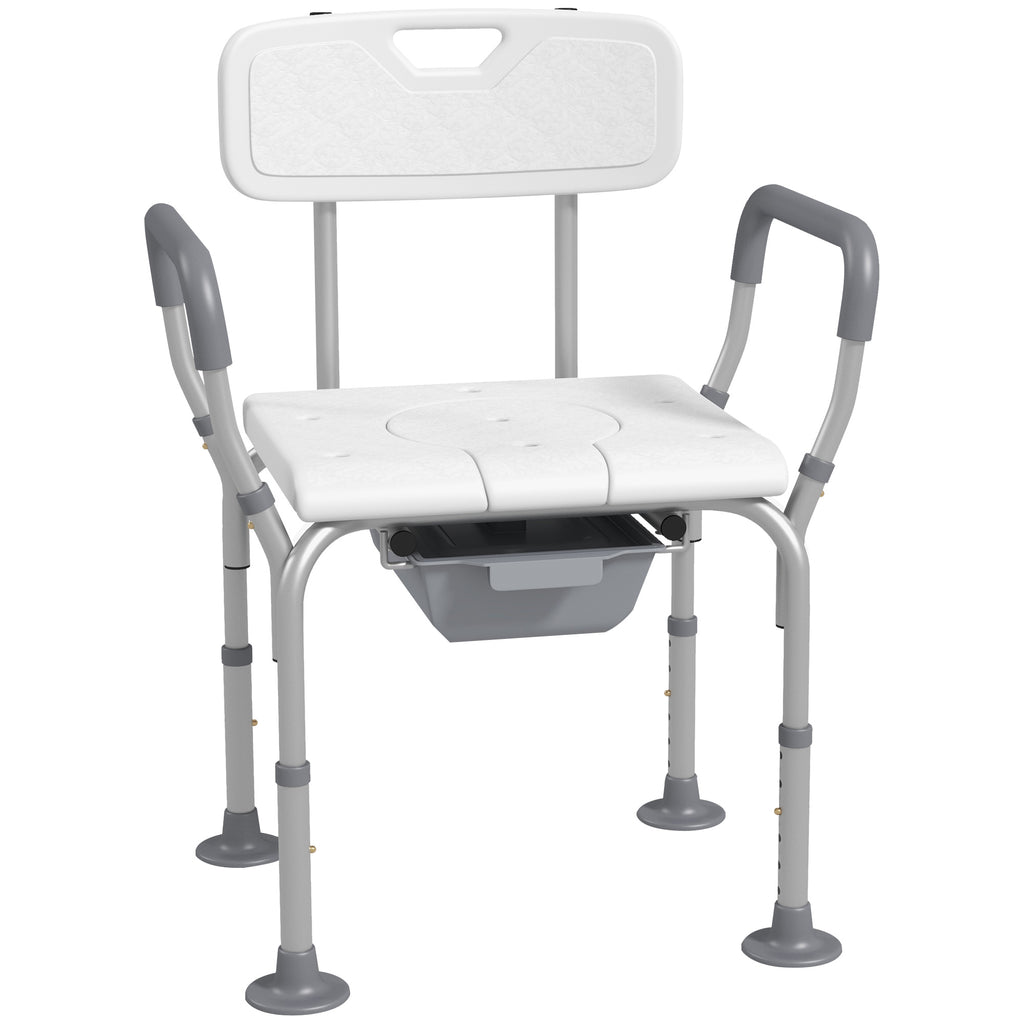 DodiOnline Height Adjustable Shower Stool with Arms and Back, Non-Slip Bedside Commode with Detachable Bucket for Elderly, White