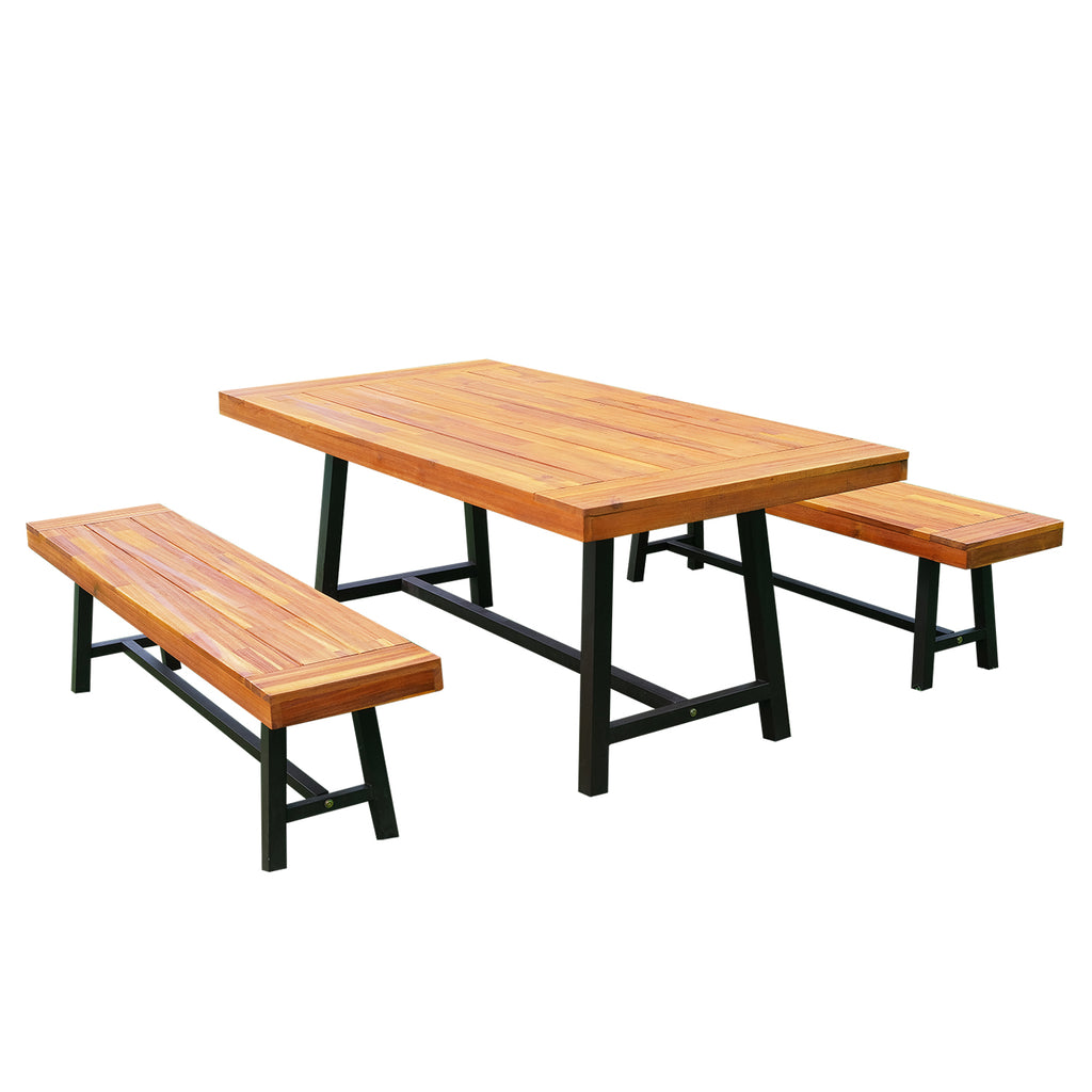 DodiOnline Garden 3 Pieces Acacia Wood Picnic Table and 2 Benches Set Dining Trestle Beer Table Patio Outdoor Indoor Furniture