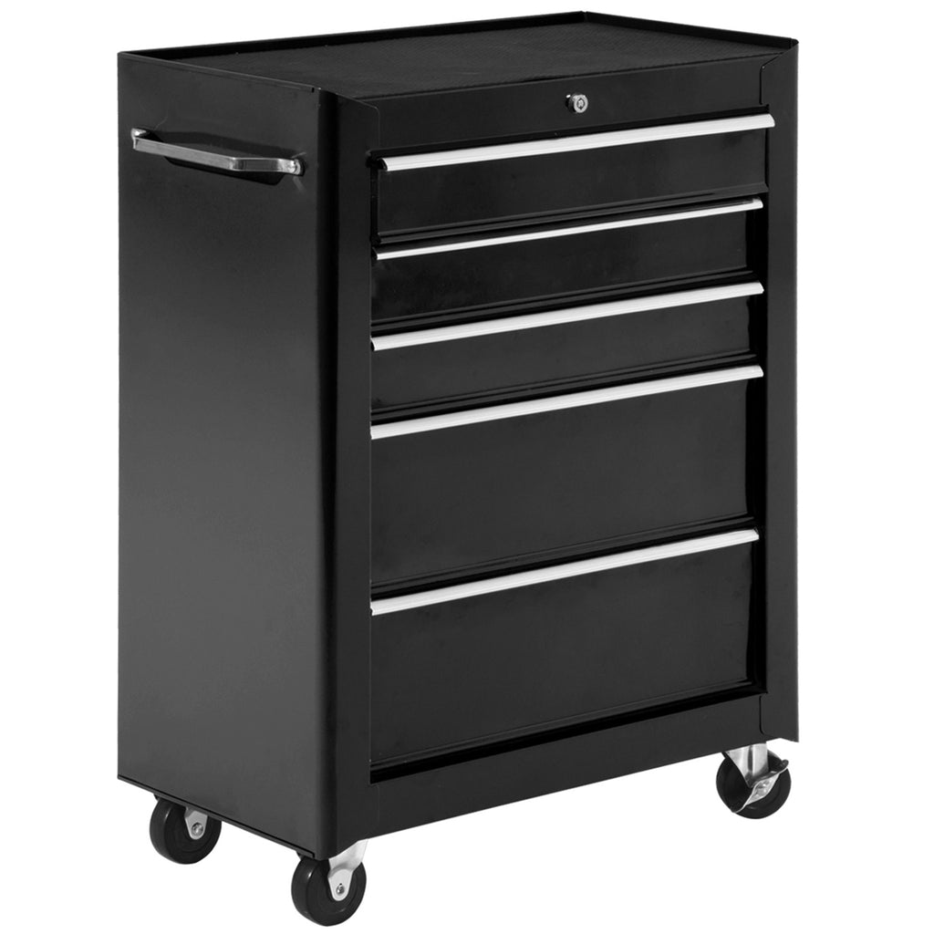 DodiOnline 5-Drawer Tool Chest, Lockable Steel Tool Storage Cabinet with Wheels and Handle Tool Box for Garage, Workshop, Black