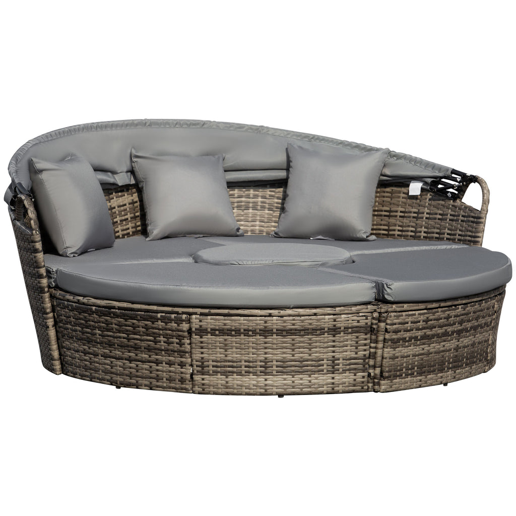 DodiOnline Outdoor PE Rattan Outdoor Furniture with Cushioned, Patio Wicker Conversation Furniture Set, Round Daybed with Retractable Canopy, Coffee Table and Three Pillows, Dark Grey