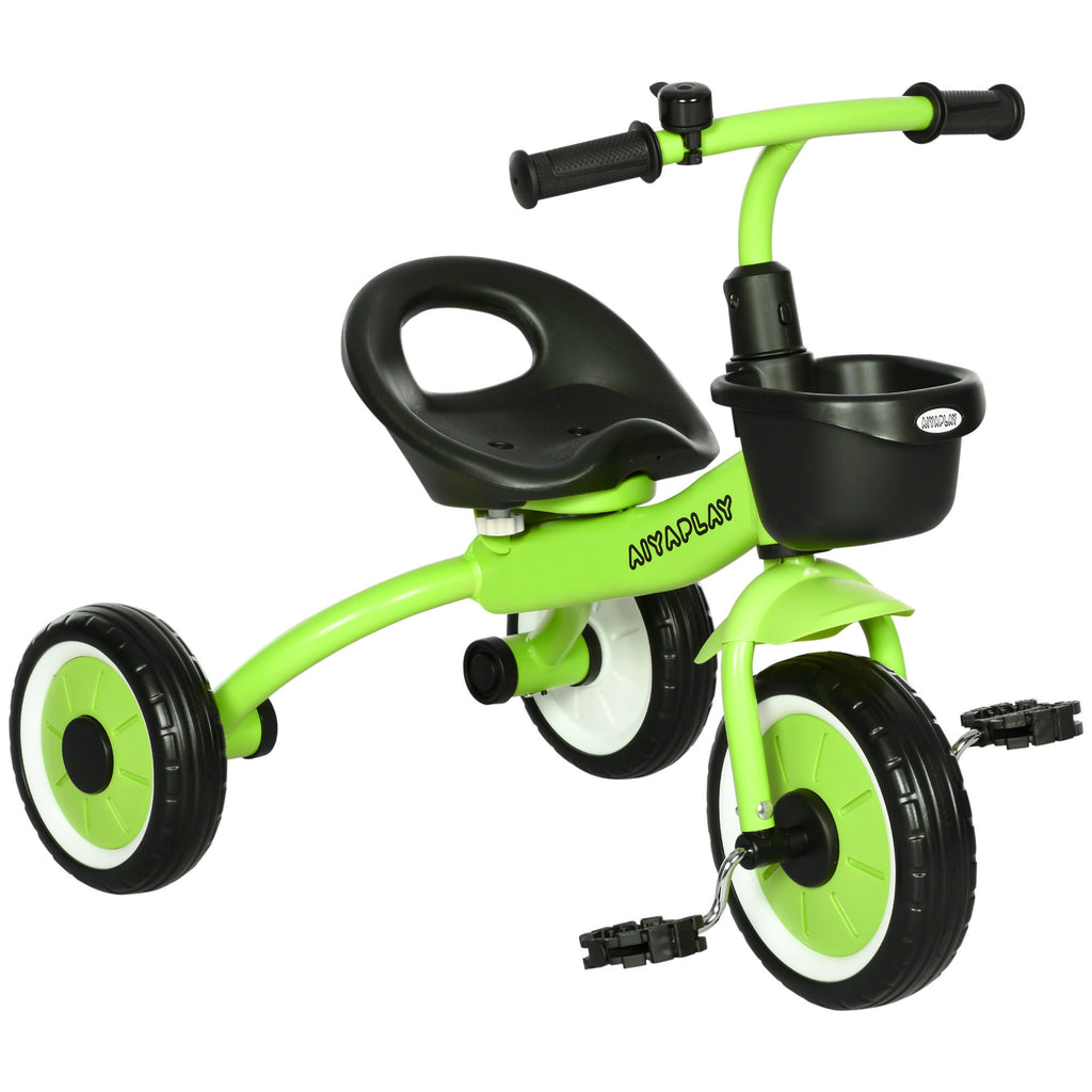 AIYAPLAY Kids Trike, Tricycle, with Adjustable Seat, Basket, Bell, for Ages 2-5 Years - Green