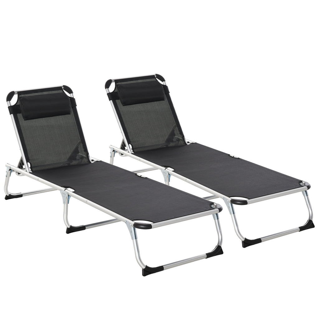 DodiOnline 2 Pieces Foldable Outdoor Sun Lounger with Pillow, 5-Level Adjustable Reclining Lounge Chair, Aluminium Frame Camping Bed Cot, Black