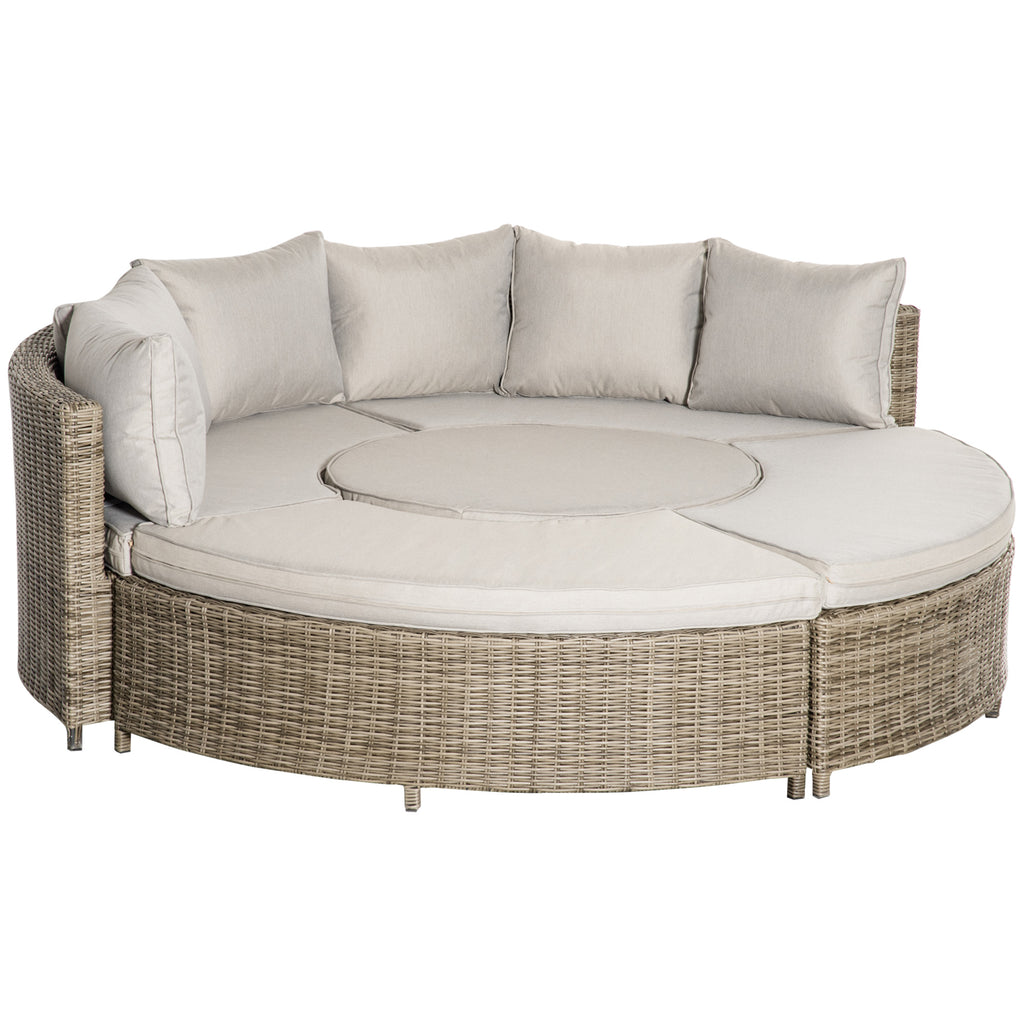 DodiOnline 5 Pieces Outdoor PE Rattan Round Garden Daybed with Cushions, Aluminium Patio Furniture Set Lounge Chair Conversation Sofa Set with Liftable Coffee Table and Protect Cover, Grey