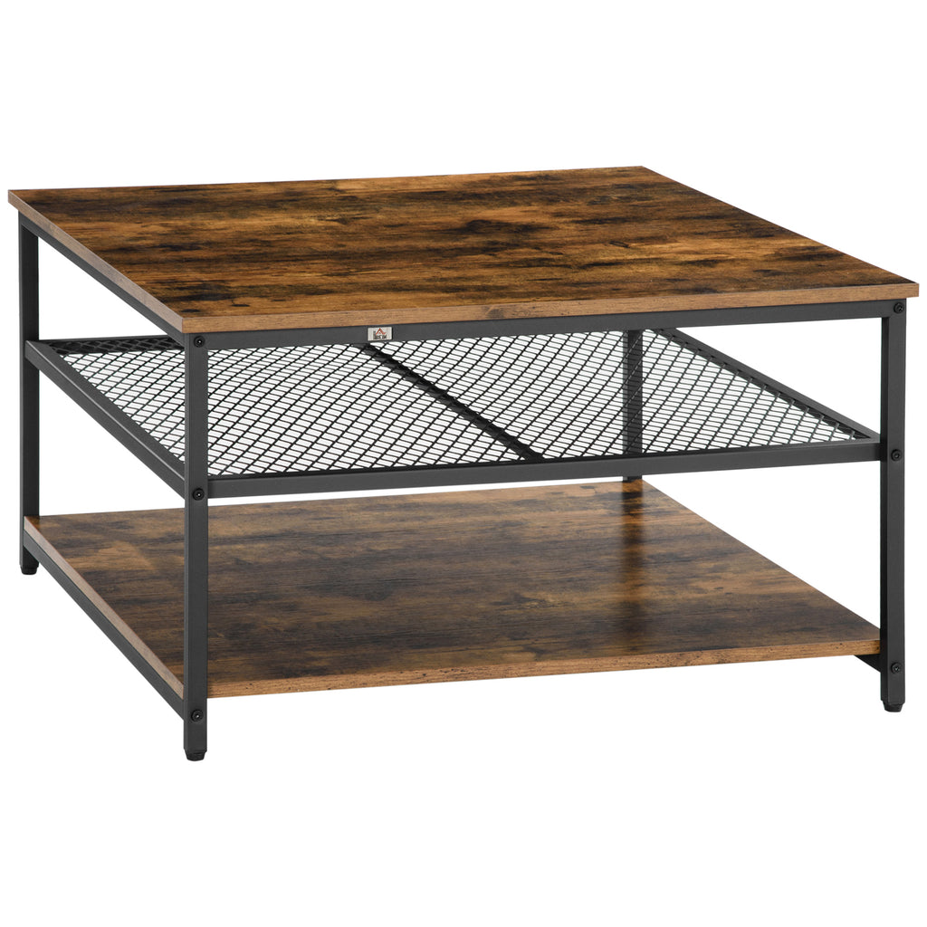 DodiOnline Coffee Table, Living Room Table with 3-Tier Storage Shelves, Square Tea Table for Home Office, Rustic Brown