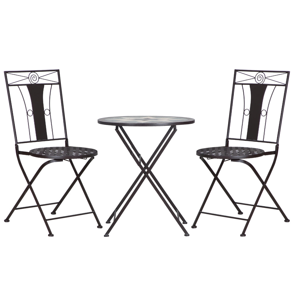 DodiOnline 3-Piece Patio Bistro Set, Mosaic Table and 2 Armless Chairs with Foldable Design, Metal Frame for Garden, Poolside, Coffee