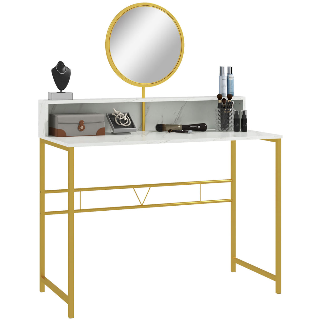 DodiOnline Modern Dressing Table with Round Mirror, Vanity Makeup Desk with Open Storage, Faux Marble Texture and Steel Frame for Bedroom, White