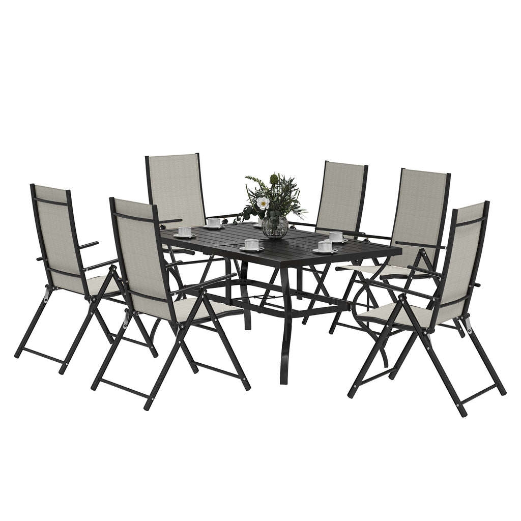 DodiOnline Seven-Piece Steel Outdoor Dining Set, with Parasol Hole - Khaki