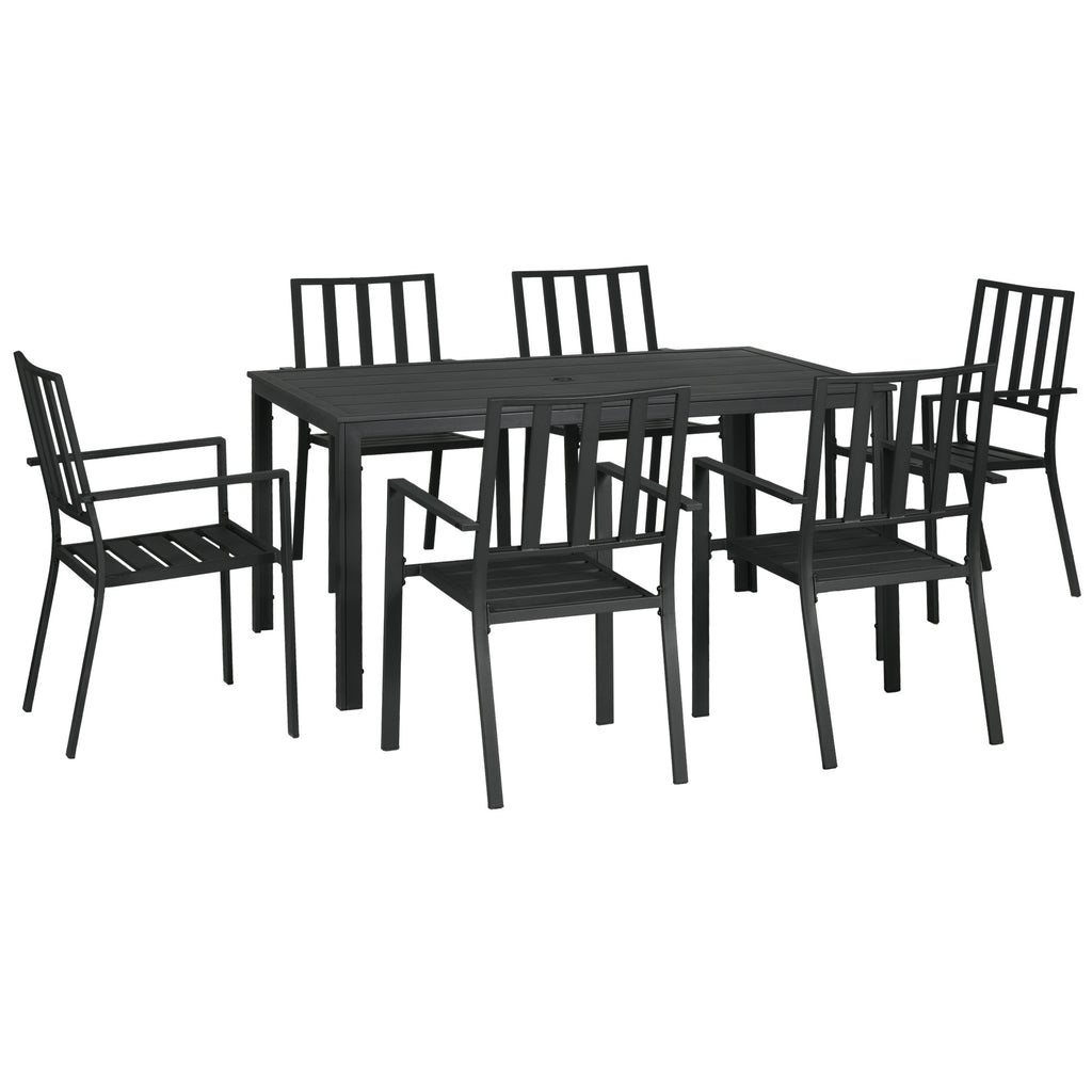 DodiOnline Seven-Piece Minimal Metal Garden Dining Set, with Parasol Hole - Black