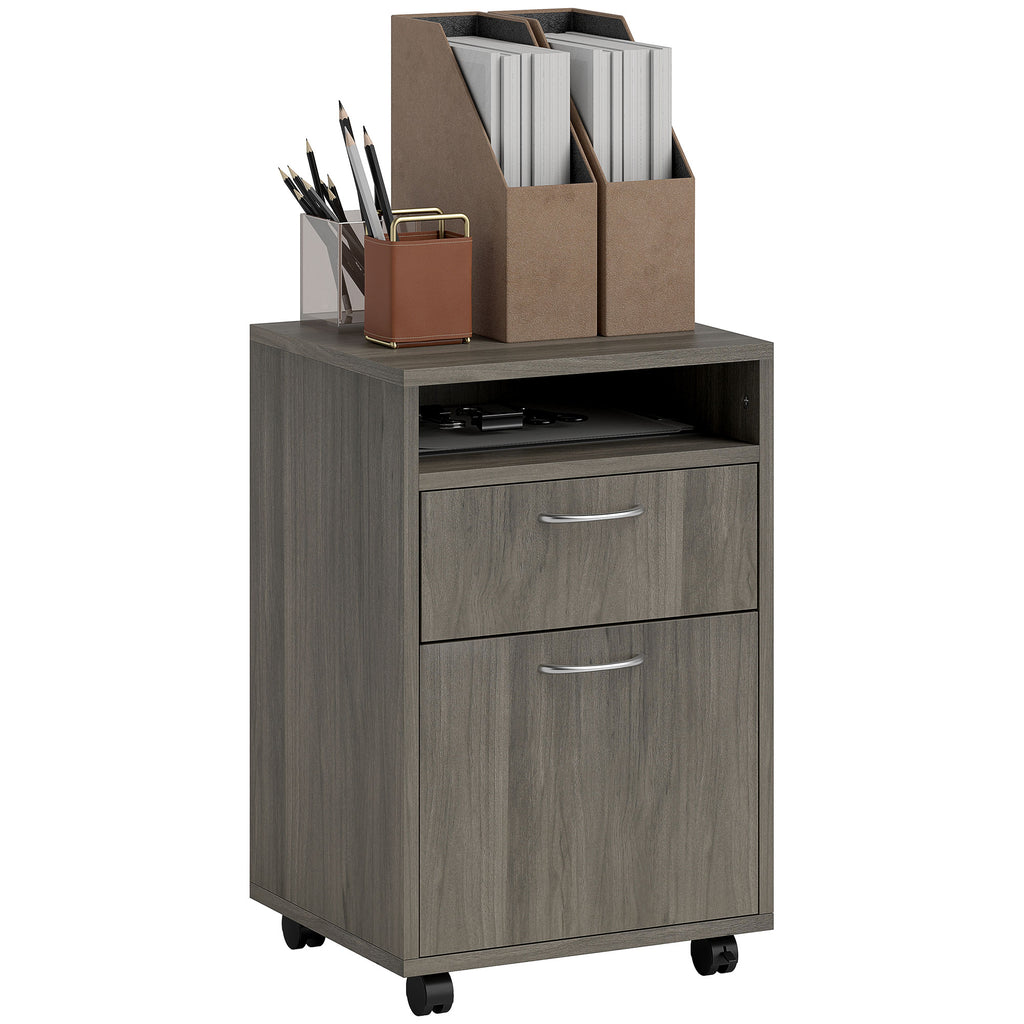 DodiOnline 60cm Filing Cabinet with Drawer, Open Shelf, Metal Handles and 4 Wheels, Office Home Organiser Mobile Printer, Grey