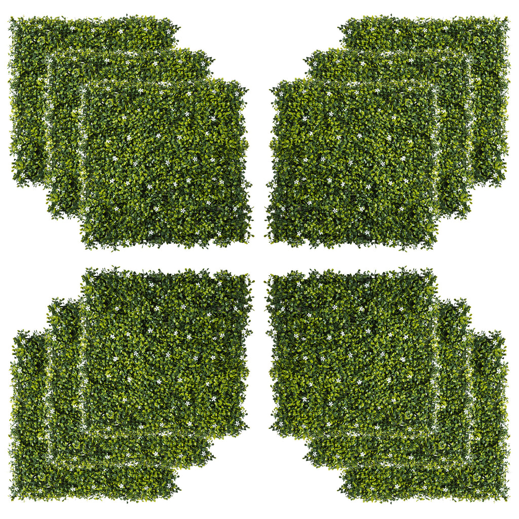 DodiOnline 12PCS Artificial Boxwood Wall Panels 50cm x 50cm Grass Privacy Fence Screen Faux Hedge Greenery Backdrop Encrypted Milan Grass with White Flowers for Home Garden Backyard Balcony