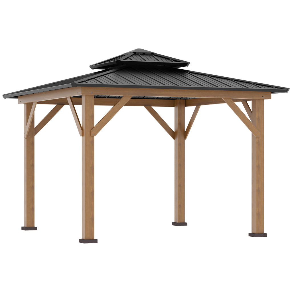 DodiOnline 3.5 x 3.5m Outdoor Hardtop Gazebo Canopy with Two-tier Metal Roof and Solid Wood Frame Outdoor Patio Shelter for Patio, Garden, Grey