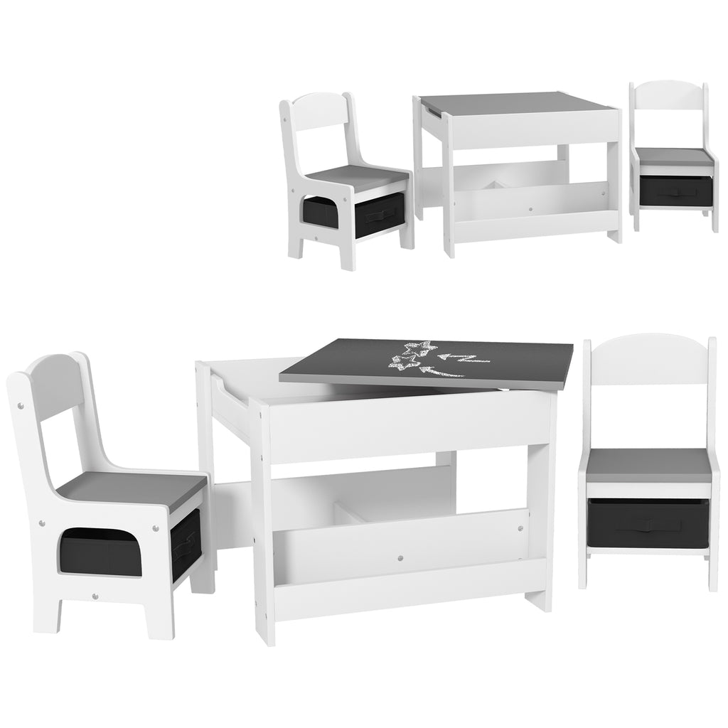 DodiOnline Three-Piece Kids Table and Chair Set with Blackboard, Storage, Bookshelves - Grey