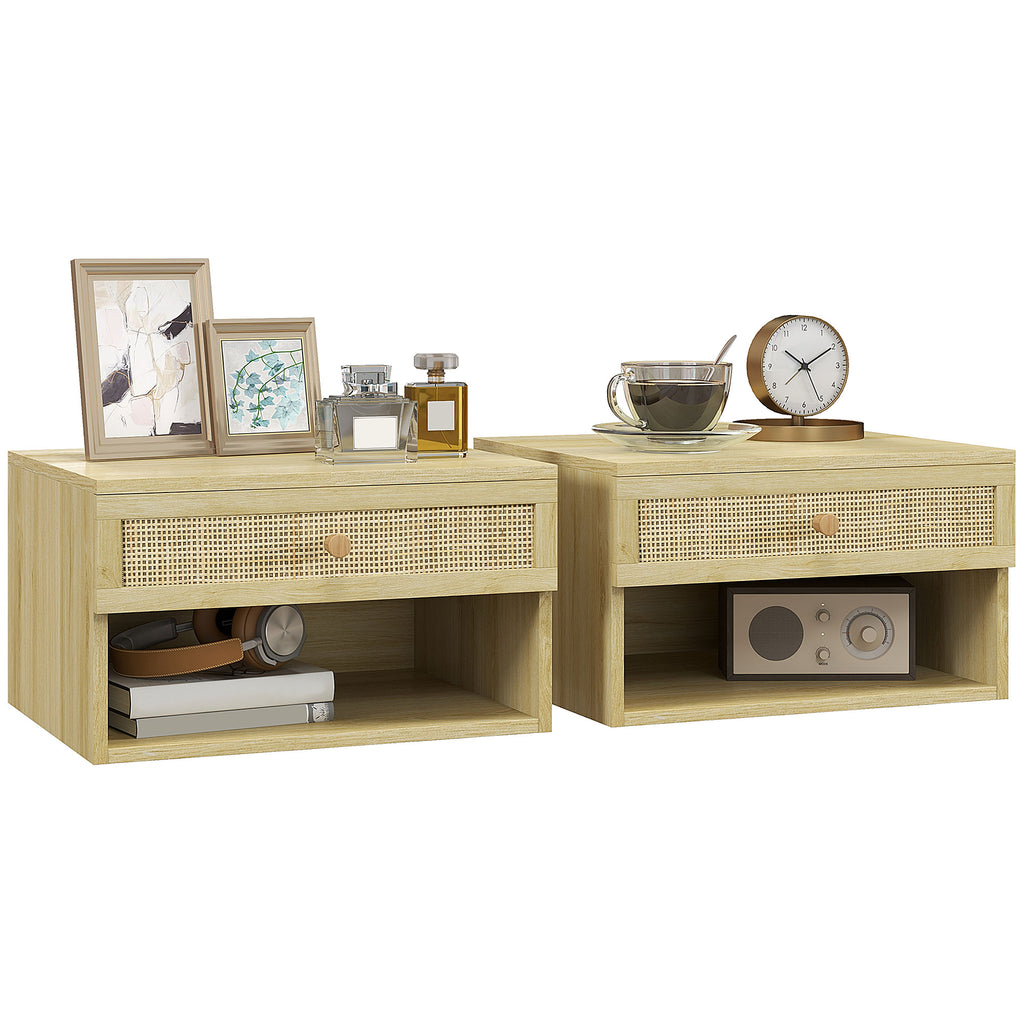 DodiOnline Set of Two Rattan Panel Floating Bedside Tables - Wood-Effect