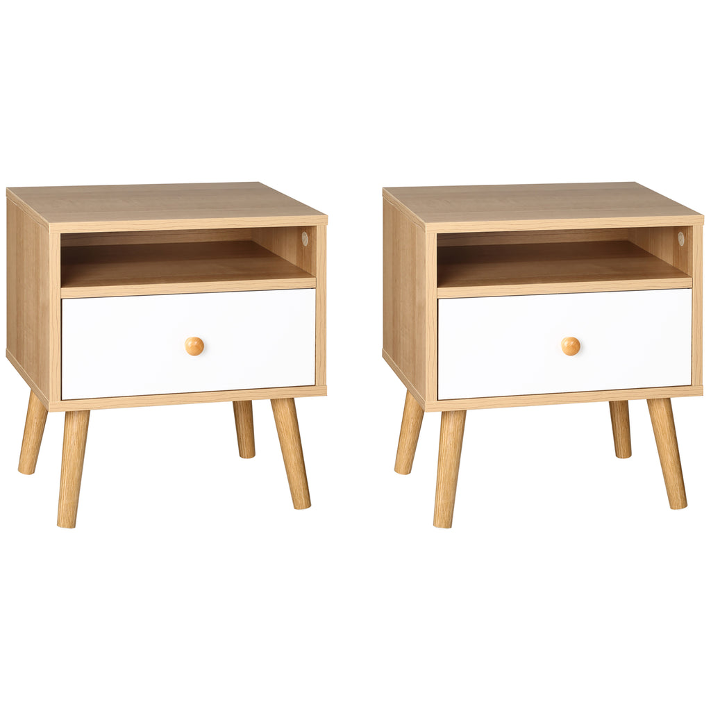 DodiOnline Bedside Table, Bedside Cabinet with Drawer and Shelf, Modern Nightstand, End Table for Living Room, Bedroom, Set of 2, Natural