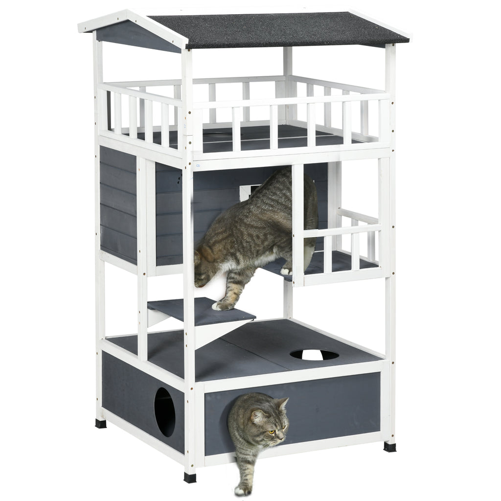 PawHut Wooden Outdoor Cat House 3-Tier for Winter Kitten Shelter Lodge w/ Tilted Roof Terrace Jump Step Bottom Tray Elevated Base Waterproof Paint Grey