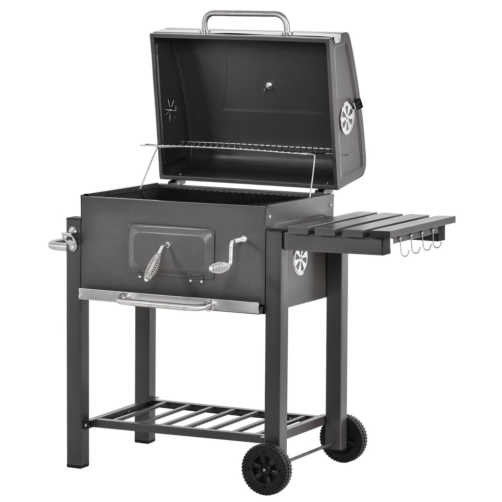 DodiOnline Charcoal Grill BBQ Trolley with Adjustable Charcoal Grate, Garden Metal Smoker Barbecue with Shelf, Side Table, Wheels, Built-in Thermometer, Bottle Opener