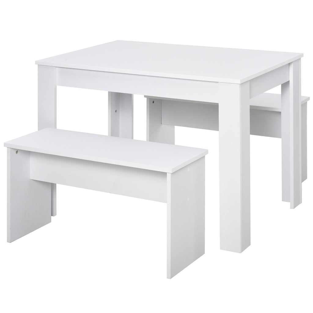 DodiOnline Kitchen Dining Table and 2 Benches Set, Table and Chairs Set for Limited Space, White