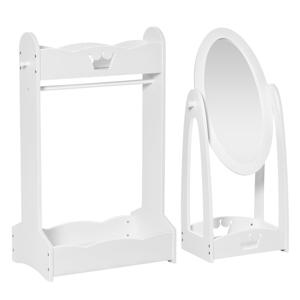 DodiOnline Kids Clothes Rail and Mirror Set 360° Rotation Free Standing Full Length Mirror and Hanging Rack with Storage Shelves Child's Dressing Mirror Garment Wardrobe White