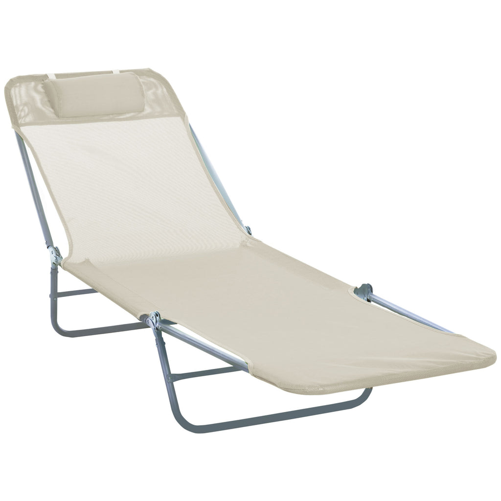 DodiOnline Outdoor Foldable Sun Lounger, Adjustable Backrest Garden Recliner Sun Lounger Chair with Headrest Pillow, Beige