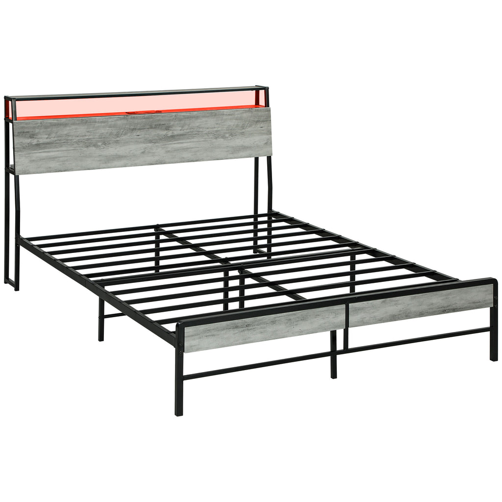 DodiOnline King Steel Bed Frame, with LED Lights and Headboard Shelf - Grey