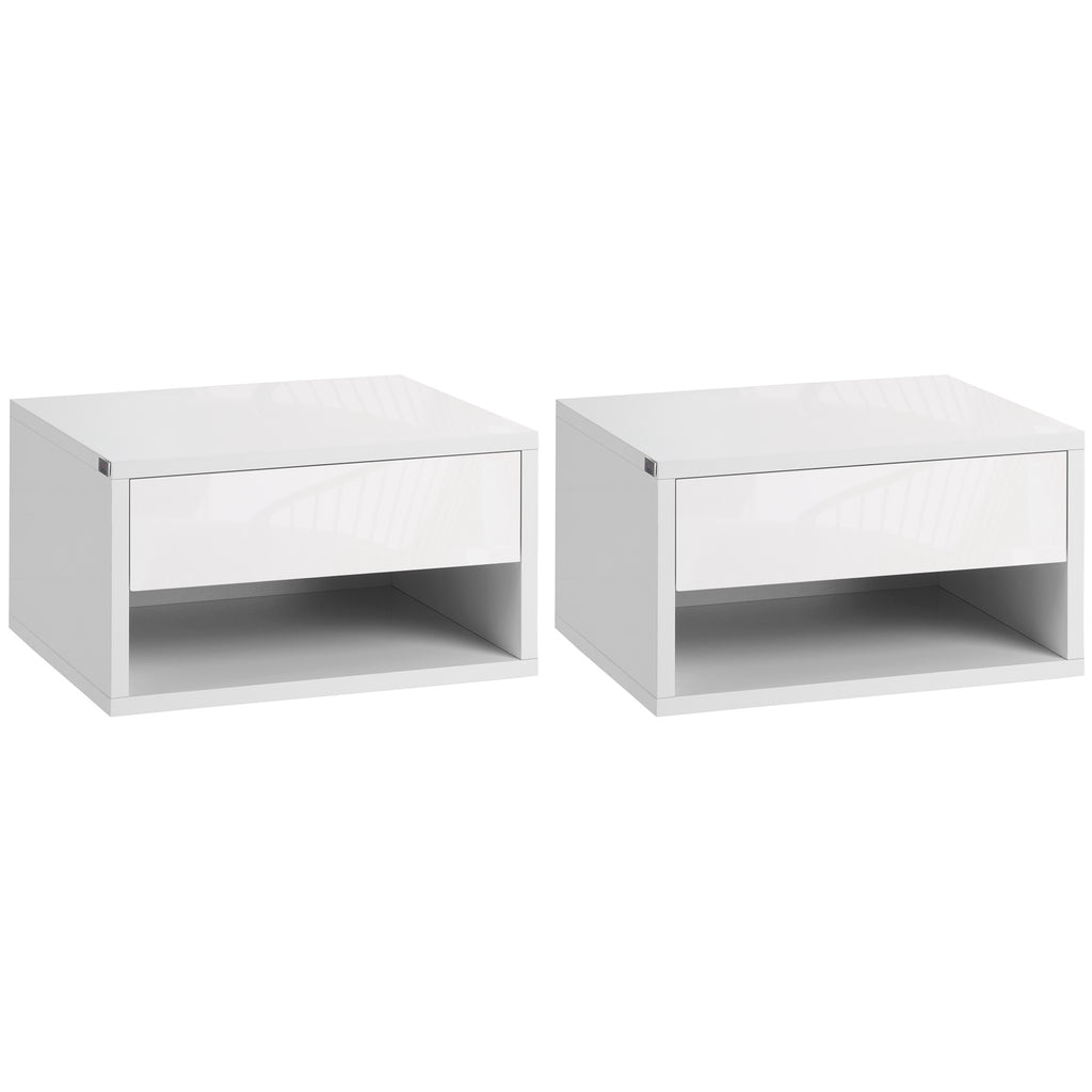 DodiOnline 2 Pieces Bedside Table Wall Mounted Nightstand with Drawer and Shelf for Bedroom, 37 x 32 x 21cm, High Gloss White