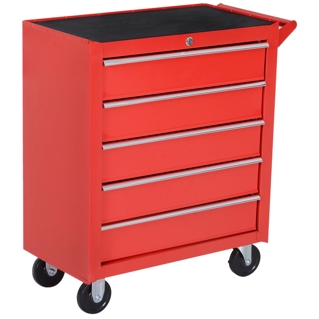 DURHAND 5-Drawer Lockable Tool Storage Cabinet with Wheels, Handle, 2 Keys, Steel Home Work DIY Workshop Chest, Garage Equipment Trolley, Red